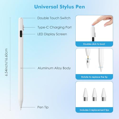 Moko Universal Capacitive Stylus Pencil for Touch Screen, White | Fast Charging, Power Display, Compatible with Apple iPad/iPhone/Samsung/Lenovo, iOS Android Tablets & All Smartphones - color: White