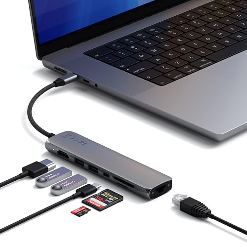 Satechi 7 in 1 USB C Hub Multiport Adapter with Ethernet, HDMI 4K@60Hz, 100W PD Charging, 2X USB-A Data Ports, Micro/SD Card Readers for MacBook Air/Pro/Neo, iPad Air/Pro, Windows - Space Gray - color: Space Gray - Slim PLUS