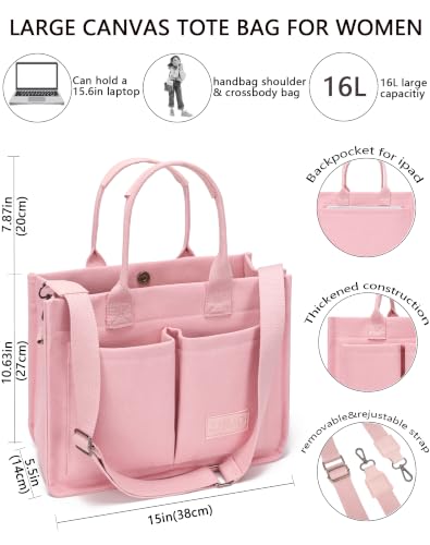 Canvas Tote Bag for Women,Women's Bags Crossbody Bags Work Laptop Tote Bag Large Handbags Purse for Travel Nurse Teacher - color: Pink With Compartments