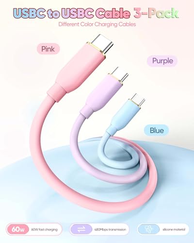 10FT USB C to USB C Cable 3Pack-Soft Silicone in Pink Purple Blue | 10 FT USB C Fast Charging Cable Long, Color-Coded for iPhone 17/16/15, iPad, Sam-Sung,Pixel,MacBook Neo Pro Air - size: 10FT