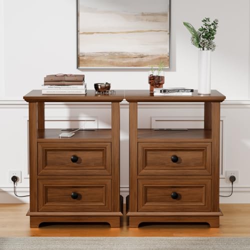 End Table Set of 2, Narrow Side Table with 2 Drawers | Type-C & USB Port & Power outlets, Wooden Nightstand for Living Room and Bedroom - color: Glossy Brown, size: 1 Set