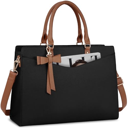 RAINSMORE Laptop Bag for Women 15.6 Inch PU Leather Laptop Tote Bag Professional Business Office Briefcase Waterproof Work Bag Computer Tote Bag Large Lightweight Handbag Shoulder Bag - color: Black and Dark Brown