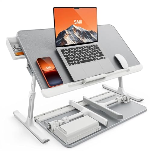 SAIJI Laptop Bed Tray Table - Adjustable Lap Desk for Couch (Gray) | Fits 17" Laptop, Work From Home & Dorm Study, with Storage Drawer & PVC Leather - color: Gray