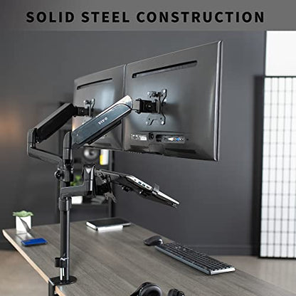 VIVO Laptop and Dual 17 to 32 inch Monitor Pneumatic Arm Mount, Fits 2 Flat or Curved Computer Screens and 10 to 15.6 Inch Notebooks, Laptop Tray, C-clamp, Grommet Mounting Base, Black, STAND-V003KL
