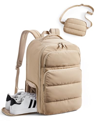 BAGSMART 35L Travel Backpack for Women, 17.3" Carry-On Personal Item | Flight Approved, 180° Opening, Wet/Dry Pocket, Free Crossbody Bag, Shoe Compartment, Luggage Sleeve, Water Resistant - color: Desert