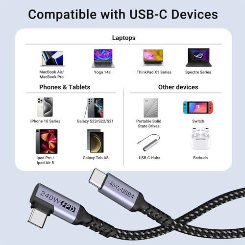 USB 4 Cable Right Angle 1FT 2 Packs, 240W, 40Gbps, 8K Video Monitor | Short USB C Cable, 12 inch 5A Fast Charging 90 degree, High Speed Data Transfer, Single 8K or Dual 4K Video Display - size: 240w - 1ft, 1ft