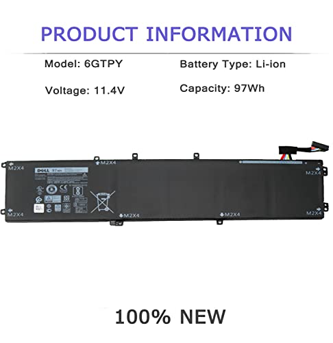 DELL 6GTPY Battery for Dell Precision 5530 5520 5510 XPS 15 7590 9560 XPS 15-9560 9570 9550Vostro 7500 7590 6GTPY P56F GPM03 5XJ28 5D91C 5041C P56F001 P56F002 P56F003 4GVGH 1P6KD 11.4V 97Wh 6-Cell
