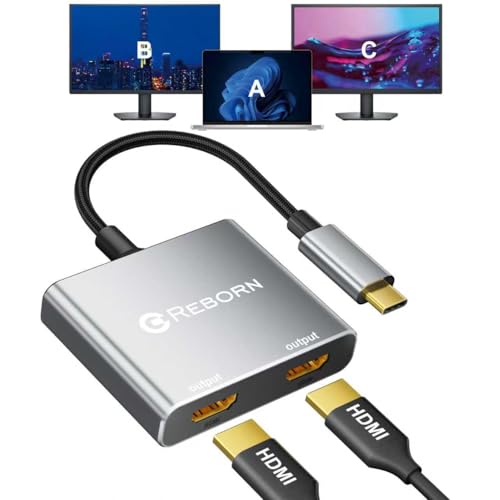 USB C to Dual HDMI Adapter | 4K@60Hz HDMI Splitter Extended Display for Dual Monitors, Type C Converter for Windows/macOS, Windows Allows 3 Separate Screens, macOS Only Allows Mirror Mode