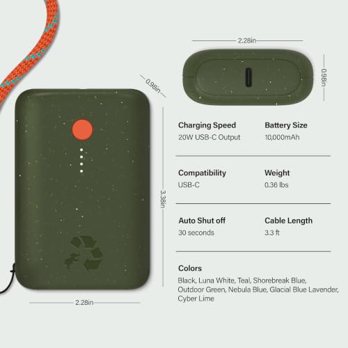 Nimble Champ Portable Charger, 10000mAh Power Bank, 20W Dual USB-C Charging | Compatible with iPhone, Samsung, Tablet, iPad, MacBook, Travel Essential Power Bank with 2ft USB C Cable Included - color: Outdoor Green