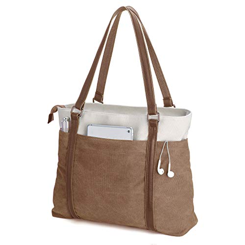 Laptop Tote Bag for Women, 15.6 Inch Work Bag with Laptop Compartment and Zipper, Canvas Computer Tote for Teacher - color: Brown