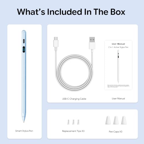 LED Battery Display Stylus Pen, Fast Charging Active Digital Pencil for iPad iPhone Samsung Android Tablets, Low Latency & Tilt Sensitivity for Note Taking/Drawing, No Bluetooth Needed (Blue) - color: Blue