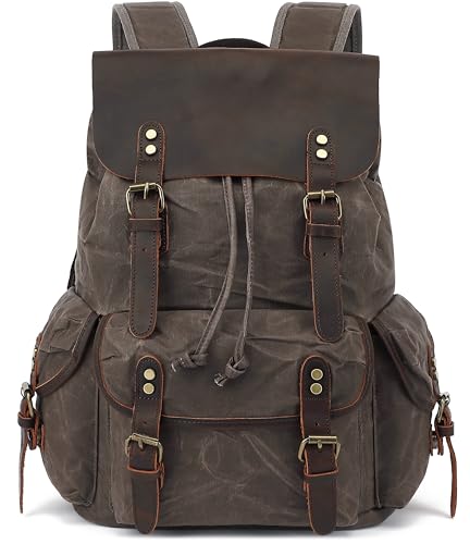 HuaChen Vintage Waxed Canvas Backpack with Genuine Leather Flap, Travel & Work Rucksack, Water-Resistant Daypack with Anti-Theft Pocket, Large/X-Large (15.6/17.3" Laptop), M80 Grey - color: Grey, size: Large