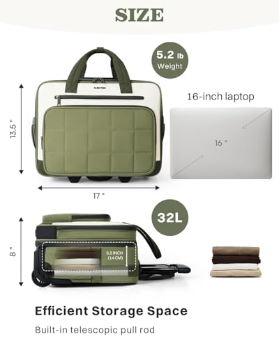 AUROTIER Rolling Puffer Laptop Bag, Rolling Briefcase for Women, Wheeled 16 Inch Computer Bag, Water Resistant Stylish Overnight Underseat Carry On Luggage with Wheels for Work Travel Business, Green - color: Green