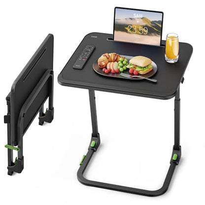 SAIJI Easy Folding TV Tray Table Adjustable TV Dinner Tray | No Assembly Required, Leather Surface, Metal Frame, Extra Large, Sturdy and Stable, for Laptops and Eating on Couch & Bed