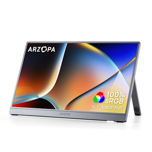 ARZOPA 16.1" Portable Monitor Gray, 100% sRGB FHD 1080P Kickstand Portable Laptop Monitor High Color Gamut Display IPS Eye Care Screen for High-end Office & Entertainment -Z1C Gray - color: Gray, size: 16.1", style: Z1C/100% sRGB