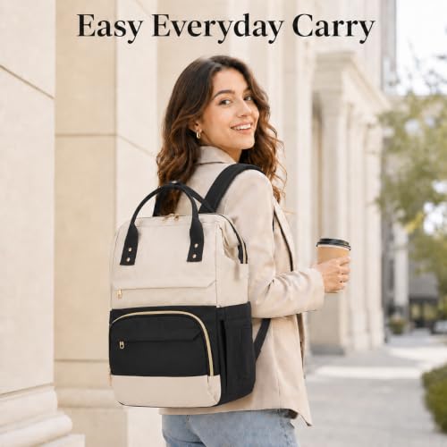 Laptop Backpack for Women, 15.6 Inch Work Backpack Purse with Large Capacity, Water-Resistant Nurse Bag, College Bookbag for School, Casual Travel Daypack, Black and Beige - color: Black and Beige