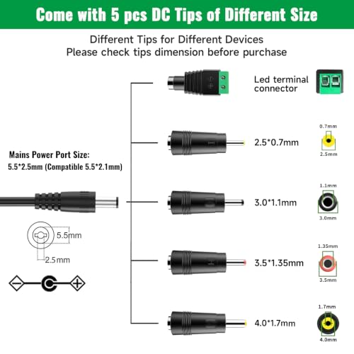 12V 2A Power Supply Adapter with ON/Off Switch, for 12V LED Strip Light. | AC 100-240V 50-60hz, fit for 12Vdc LED Strip Light Hard Drive CCTV Camera Keyboard Router DVD Player, with 5 DC Tips.