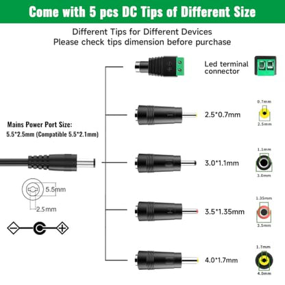 12V 2A Power Supply Adapter with ON/Off Switch, for 12V LED Strip Light. | AC 100-240V 50-60hz, fit for 12Vdc LED Strip Light Hard Drive CCTV Camera Keyboard Router DVD Player, with 5 DC Tips.