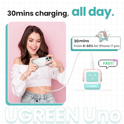 UGREEN Uno 30W USB C Charger Block, Compact Nexode Robot GaN Fast Charger for iPhone 17/16/15/14, Galaxy S26/S25/S24/S23, Pixel 10/9/8/7, MacBook Neo/Air, iPad Pro, Pink Blue - color: Pink Blue