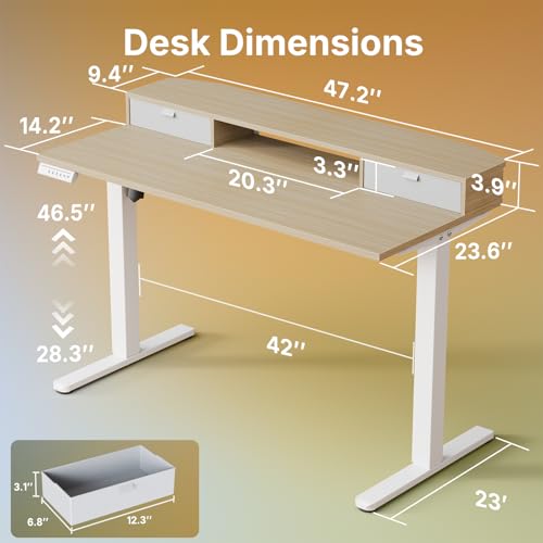 HUANUO 47.2" X 23.6" Electric Standing Desk with 2 Drawers, C-Clamp Mount Compatible, Height Adjustable Computer Desk, Home Office Stand Up Desk with 4 Preset Heights & 2 Hooks, Light Walnut - color: Light Walnut, size: 47.2" X 23.6"