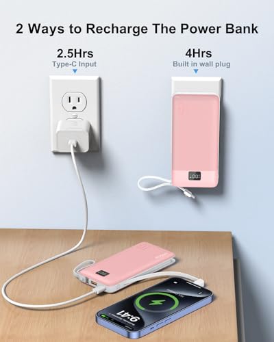 Portable Charger 10000mAh Power Bank w/Built-in 3 Cables & AC Wall Plug | 22.5W Fast Charging, Pass Through Charging, 0.68in Ultra Slim, TSA Approved, Travel Essential for iPhone/Samsung/iPad - color: Pink
