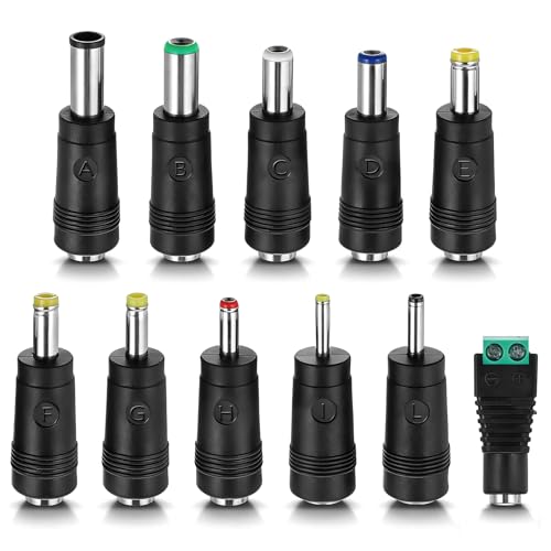 11 Pcs Power Adapter Plug, Universal DC Power Adapter Plug Kit, Connector Tips for Laptop, LED Strip, Router, Camera, AC Charger, 5.5mm x 2.1mm Female Base