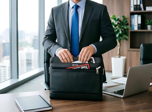 Mens Leather Briefcases Office Attorney Attache Case Ideal Gift Messenger Bag w/Padded Compartment,Black - color: Black - Fits 14" Laptop W/ Built in Portfolio