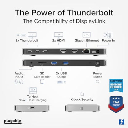 Plugable Thunderbolt 4 Dock for Quad Monitors 100W, Thunderbolt Docking Station Connects up to Four 4K Monitors for Windows and Mac Laptops, 2x HDMI, 4x Thunderbolt 4/USB C, Driver Required TBT-6950PD