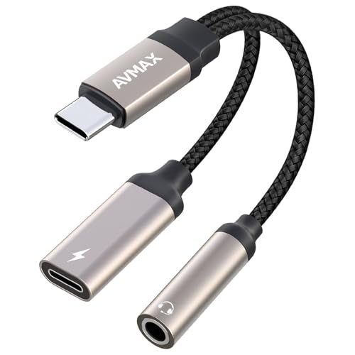 AVMAX USB C to 3.5mm Headphone Audio and Charger Adapter，2 in 1 32bit/384kHz Tyepe c to Aux Jack Cable with PD 3.0 60W Fast Charging Dongle Cable for Iphone17 Iphone16