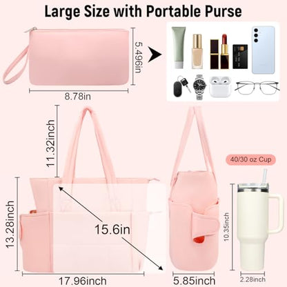 Puffer Tote Bag with Large Cup Holder& 15.6 Inch Laptop Compartment, Lightweight Puffy Work Bag with Water Bottle Pocket, Large Laptop Tote with Clutch Purse for Women Teacher Nurse (Pink) - color: Pink