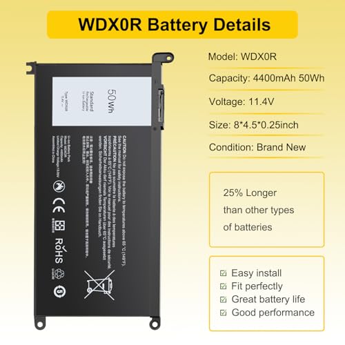 50WH WDX0R Laptop Battery Replacement for Dell Inspiron 13/15/17 5000/7000 5368 5378 7378 5568 5578 5580 5767 5770, Latitude 3180-3590, Vostro 5568 5468 Compatible WDXOR P69G 3CRH3 - size: WDX0R 8*4.5*0.25inch
