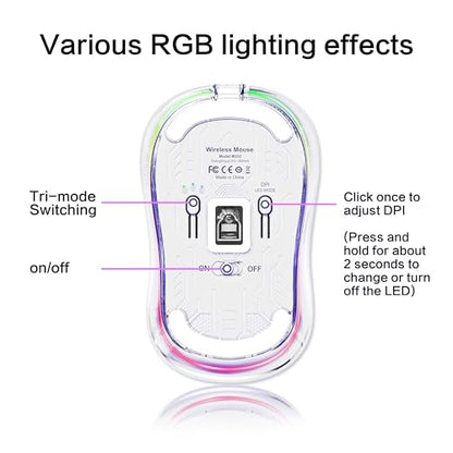 FMOUSE Cute Transparent Mouse, Tri-Mode Wireless, Rechargeable, White | USB-A & USB-C Receivers | 2.4G & Dual Bluetooth | Cat Figurine | Silent Click | RGB | For MAC, iPad, Laptop - color: White