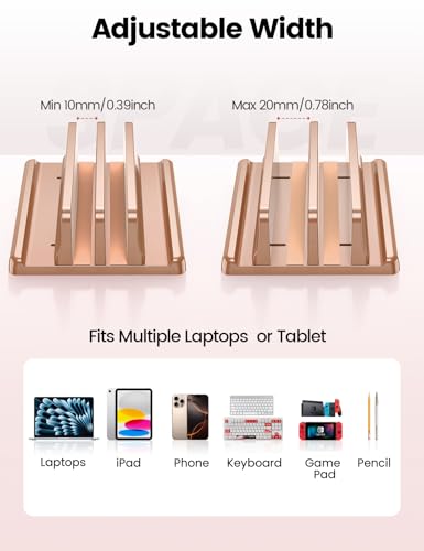 Vaydeer Vertical Laptop Stand for Desk, Dual Slots Plastic Laptop Holder with Space Saving 4-in-1 Design, Adjustable Laptop Stand Supports MacBook, Chromebook, Surface, Dell (Rose Gold) - color: Rose Gold