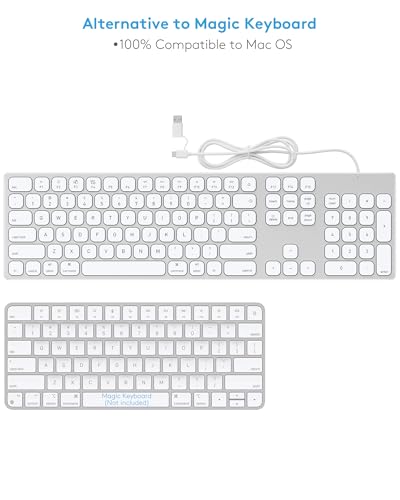 9H Aluminum USB Wired Keyboard with Numeric Keypad for Mac & PC | Compatible with Mac Pro, Mini, iMac, MacBook Pro/Air, Laptops and PC Computers - color: Silver