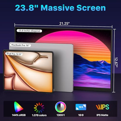 Upperizon Portable Monitor 23.8 inch 4K 3840X2160 144% sRGB 60Hz HDR HDMI USB-C Travel Monitor for Laptop MacBook PC Surface PS5 Xbox, Large External Display with Kickstand & Speakers, VESA Compatible - size: 23.8 inch