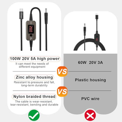 1m USB C to DC 5.5x2.1mm Adapter Universal Charger Supply 100W PD Trigger Power Converter Cable 5V/9V/12V/15V/20V Adjustable Voltage with LED Display,10 Power Plug Kit,for Laptops,Tablets