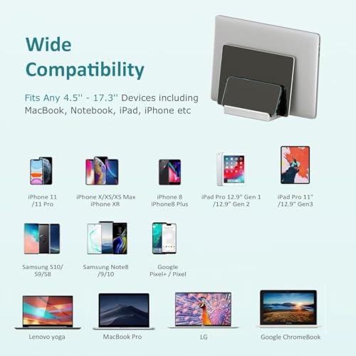 Vertical Laptop Stand - SPACEMax Adjustable GRIPLock Anti-Tip Silicone 4 Slots Aluminum Desktop Holder - Double Dock Stand - 2 Phone Slots Fits Up to 17.3” Laptops, Tablets, Phones - Silver - color: Silver