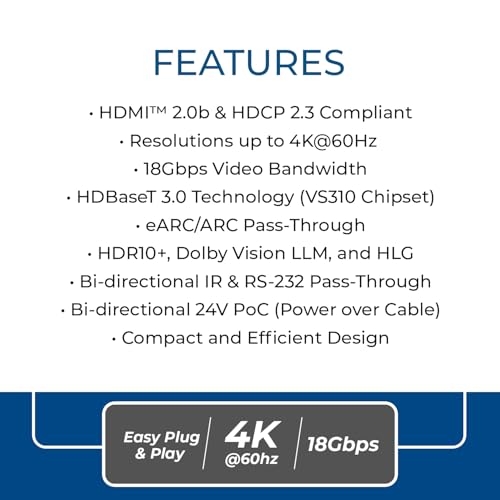 OREI 4K eARC HDMI Extender Balun HDBaseT 3.0 UltraHD 4K @ 60Hz 4:4:4 Over Single CAT6/7 Cable with LAN, CEC, ARC & Bi Directional IR Support, RS-232 Up to 130 Ft Audio Out - PoC - size: 4K w/ eARC