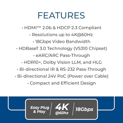 OREI 4K eARC HDMI Extender Balun HDBaseT 3.0 UltraHD 4K @ 60Hz 4:4:4 Over Single CAT6/7 Cable with LAN, CEC, ARC & Bi Directional IR Support, RS-232 Up to 130 Ft Audio Out - PoC - size: 4K w/ eARC