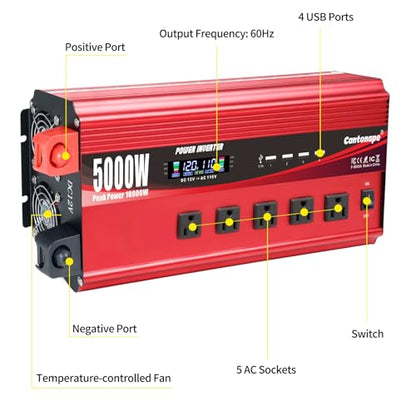 Cantonape 5000W Power Inverter 12V to 110V/120V DC to AC with LCD Display, Remote Controller 5 x AC Outlets and 4 x 3.1A USB Car Adapter for Car Truck Boat RV Solar System - size: 5000W-12V