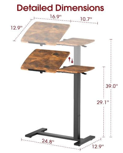 Sakugi Overbed Bedside Table with Wheels, Right-Side Tilt Top, Laptop Desk | Home & Office, Hospital Bed Table, Rolling Bed Tray, Height Adjustable, Brown,12.9" D × 27.6" W × 29.1"–39" H - color: Brown
