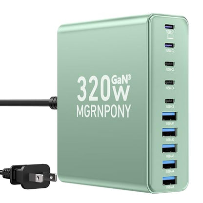 320W USB C Charger Block, 10-Port GaN USB C Charging Station Green | PD 65W Laptop Fast Charger Adapter for MacBook Pro/Air, DELL, iPad, iPhone, Samsung Galaxy - color: Green