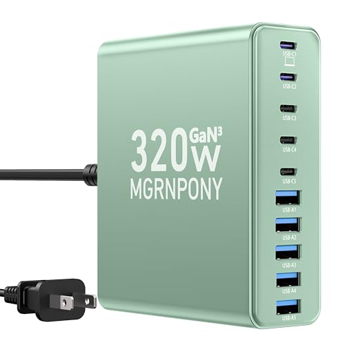 320W USB C Charger Block, 10-Port GaN USB C Charging Station Green | PD 65W Laptop Fast Charger Adapter for MacBook Pro/Air, DELL, iPad, iPhone, Samsung Galaxy - color: Green