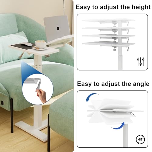 PUNCIA Medical Overbed Table with Wheels Pneumatic Adjustable Bedside Desk | Computer Cart Bedside Table Rolling Laptop Table with Tilting Split Top for Hospital Bed Office Bedroom Dorm Recovery Room