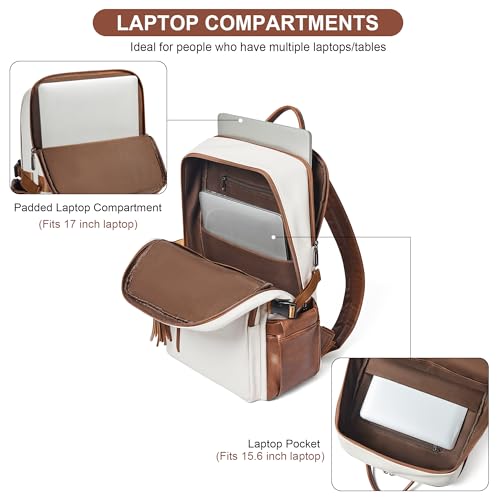 Shrrie Vegan Leather Laptop Backpack for Women,17 Inch Computer Backpack Purse for Work Business College Travel Teacher Nurse with Anti-theft Pocket & Giant Tumbler Holder Pocket,Beige with Brown - color: Beige With Brown