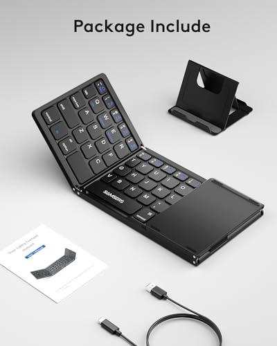 Samsers Foldable Bluetooth Keyboard with Touchpad, Ultra Slim Compact,Black | Multi-touch Trackpad, Full Size, Phone Holder, USB-C Charging, 1 Device, for Android Windows iOS Mac OS, Mobile Productivity - color: Black, size: 1-Device