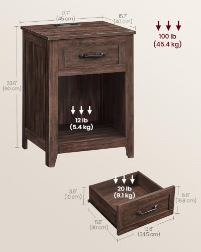 VASAGLE LIRY Collection - Farmhouse Nightstand with Charging Station, Bedside Table, Side Table with Drawer, Open Compartment, for Bedroom, Maroon Brown ULET659K51 - color: Maroon Brown, size: 1 PACK, style: 17.7"W x 23.6"H With 1 Drawer