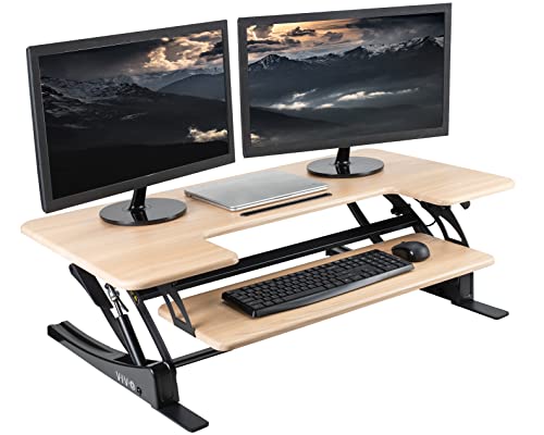 VIVO Real Bamboo 42 inch Standing Desk Converter, DESK-V000VLO | Height Adjustable, Stand Up Desk Riser, Wide Keyboard Tray, Dual Monitor and Laptop Workstation, Black Frame, V Series - color: Light Wood, Black, size: 42"