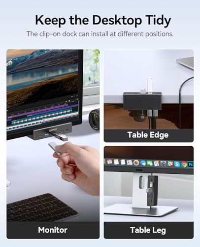 ORICO Clip Docking Station, 8-in-1 Clamp USB C Hub with 4K@60Hz HDMI, 100W PD, Gigabit Ethernet, 4xUSB Port, AUX, 10Gbps Clamp Docking Station for Laptop, MacBook, PC (Adapter Not Included) - color: Black