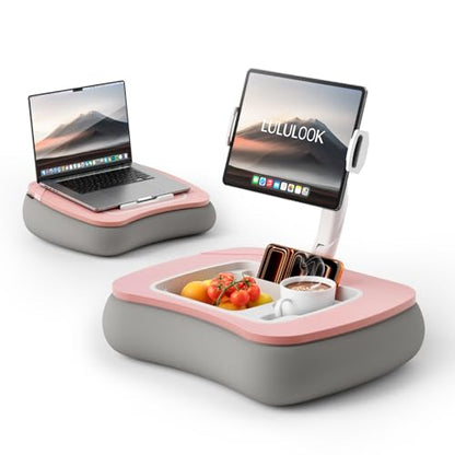 LULULOOK 2-in-1 Lap Desk & Kindle Pillow Stand, Laptop Desk Holder with Beanbag Cushion & Foldable Arm for 14" Laptop,iPad, Phone, 4.7-14.6" Tablet & Kindle Reading in Bed - color: Pink